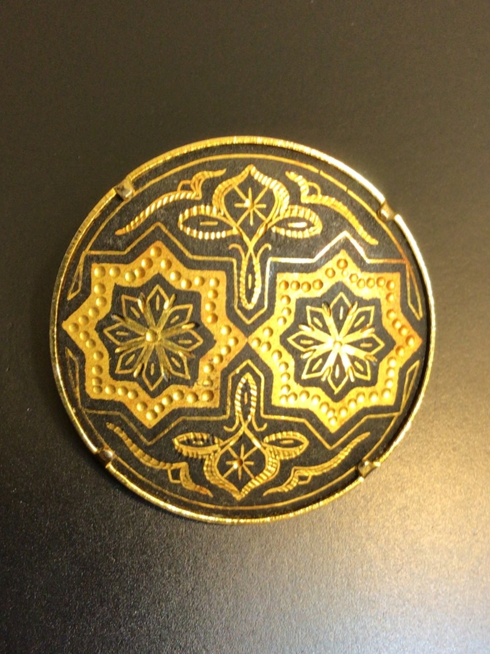 Vintage Mid Century Damascene Gold Tone Brooch Arabesque Design Trombone Clasp